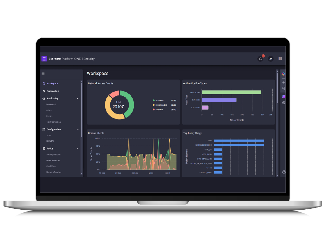 Extreme Platform ONE Security Workspace mit Zugriffs- und Policy-Analysen